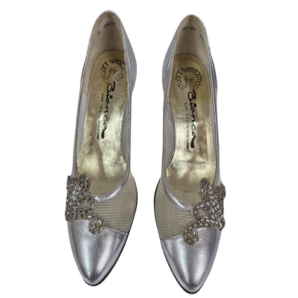VTG NEW 80s Stuart Weitzman for Bianca Las Vegas Silver Mesh Pumps Sz 7.5AA